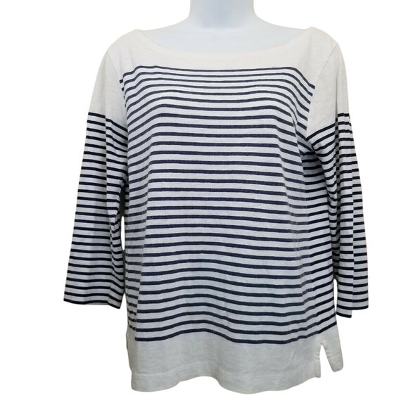 J Crew S Shirt Knit Top Blue White Engineer Stripe Nautical Boat Neck Popover - Picture 1 of 3